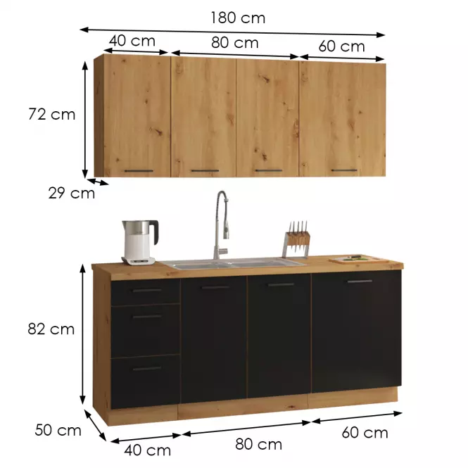 Kuchyňa Modena 180cm čierny/dub artisan,2