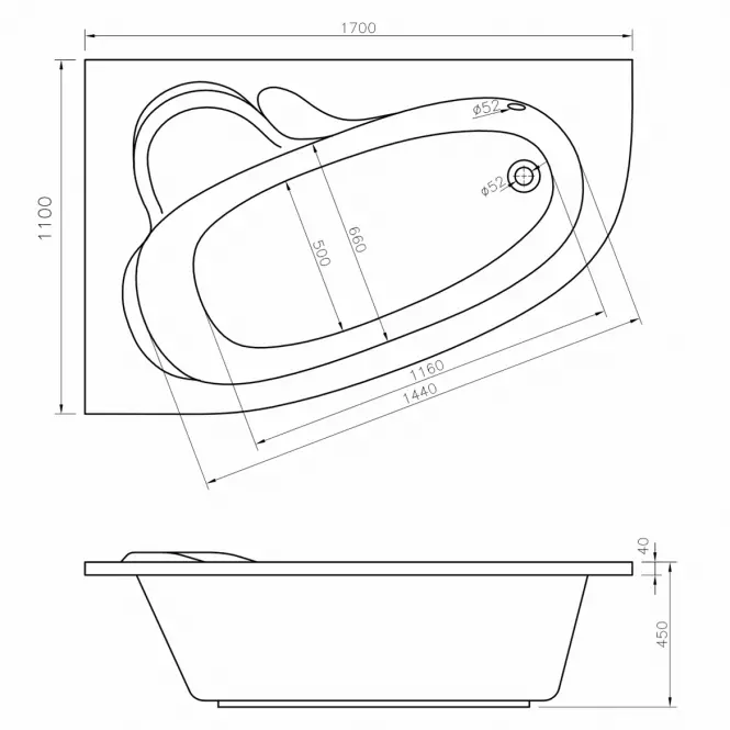 Vaňa s hydromasážou Madura 170/110 L 12DW+10DP pneumatické ovládanie,2