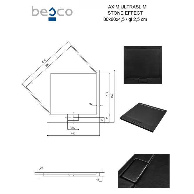 Vanička štvorcová Axim Ultraslim Stone Effect New 80x80 čierna