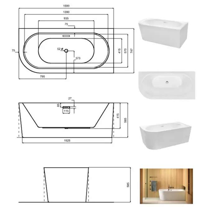 Voľne stojaca vaňa nástenná Avita A-Line 160P + sifón klik-klak chróm,6
