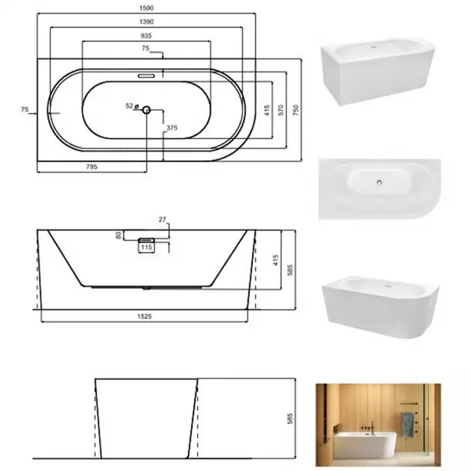 Voľne stojaca vaňa nástenná Avita A-Line 160L + sifón klik-klak zlatá,6